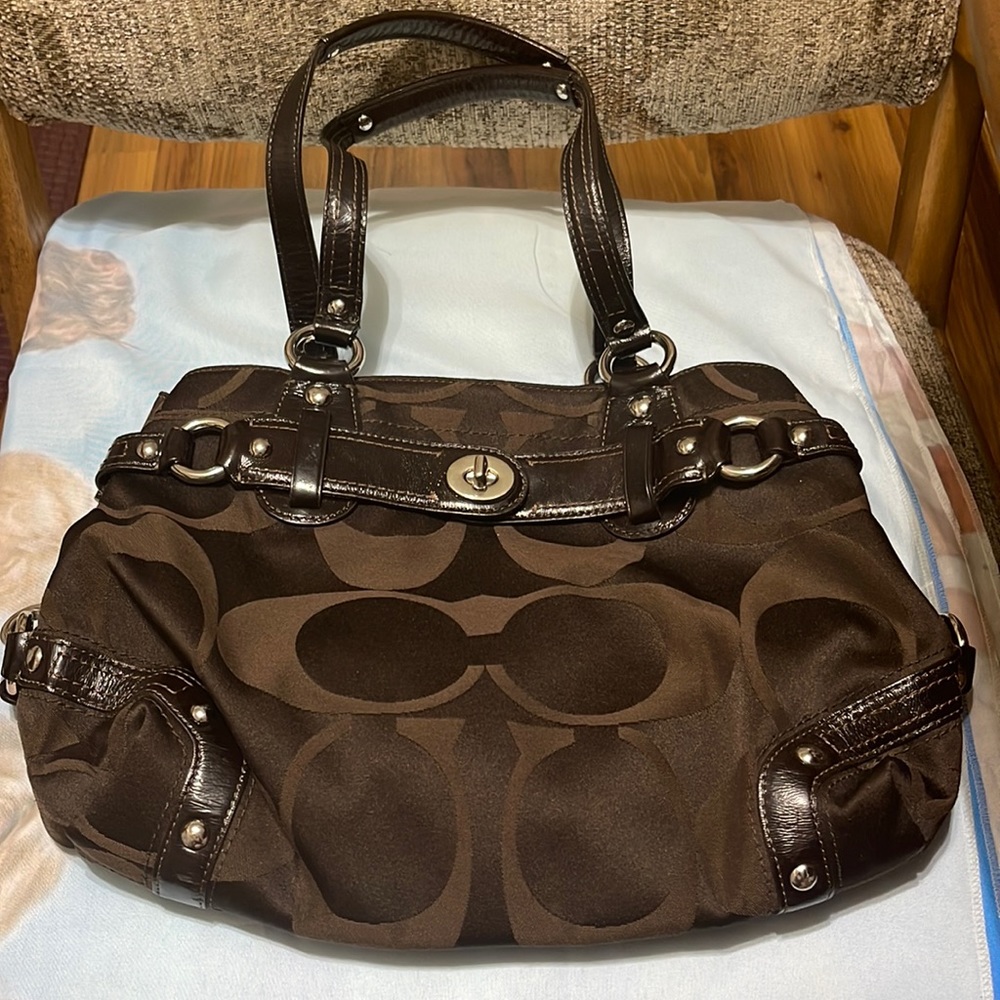 COACH Brown CARLY Signature C Jacquard Shoulder Purse Handbag 13300